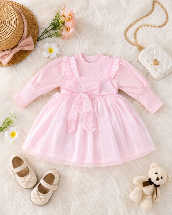 Baby Pink Butterfly Bow Ruffle Frock