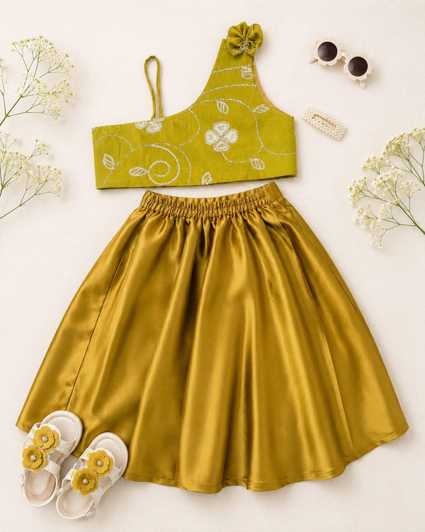 Olive Silk One-Shoulder Lehenga
