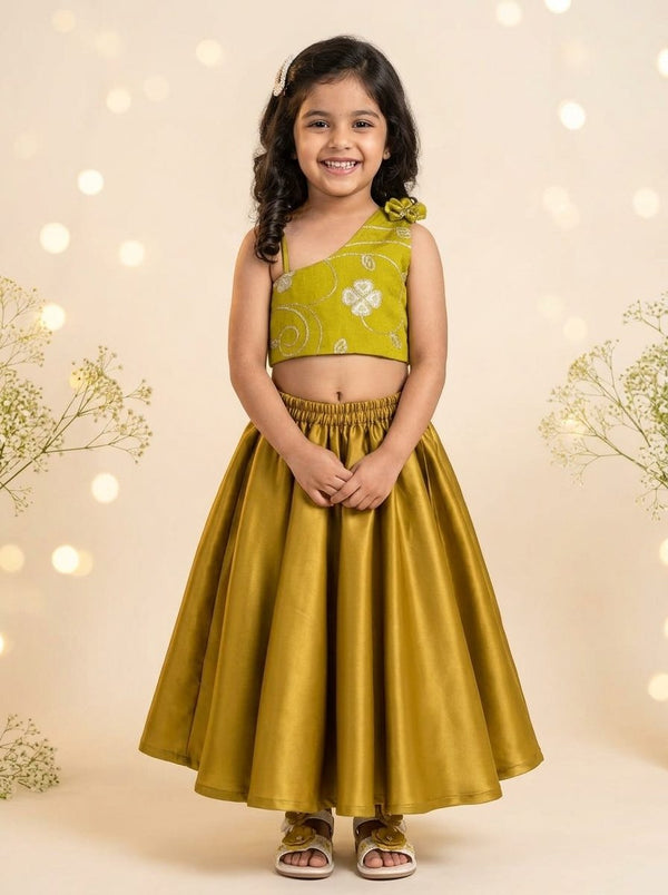 Olive Silk One-Shoulder Lehenga